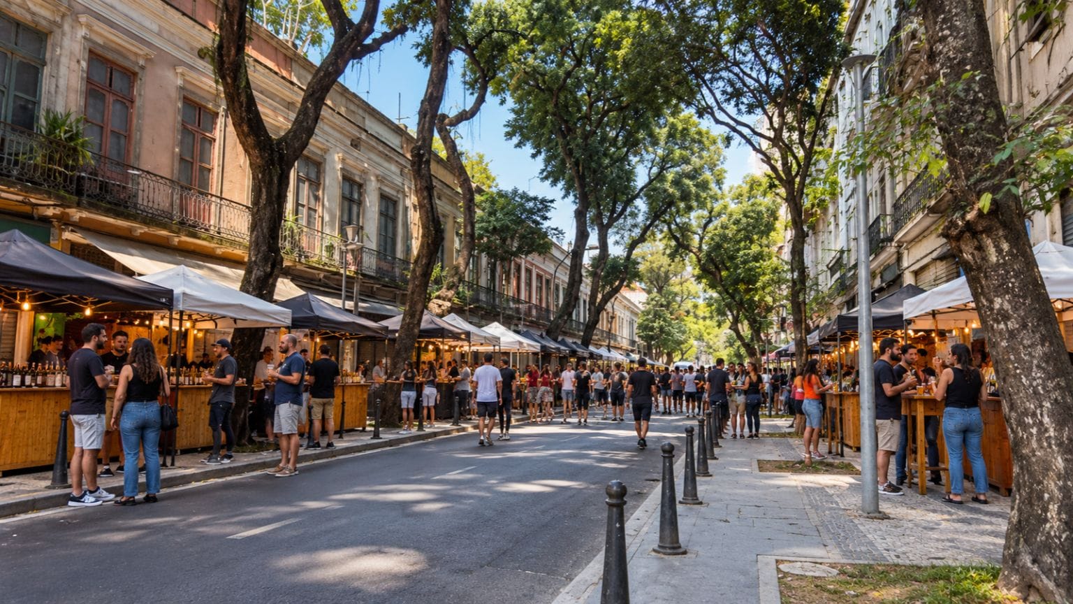 Festejo Carioca da Cerveja na Rua da Carioca, no Centro do Rio de Janeiro, com barracas de cervejarias artesanais e visitantes.